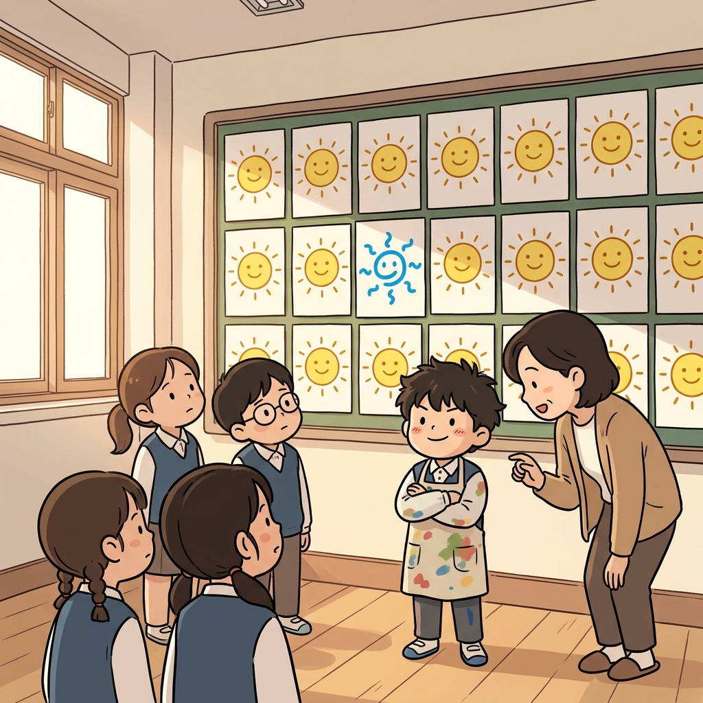 교실 그림 중에 파란 태양을 그린 그의 작품만 유난히 튄다.