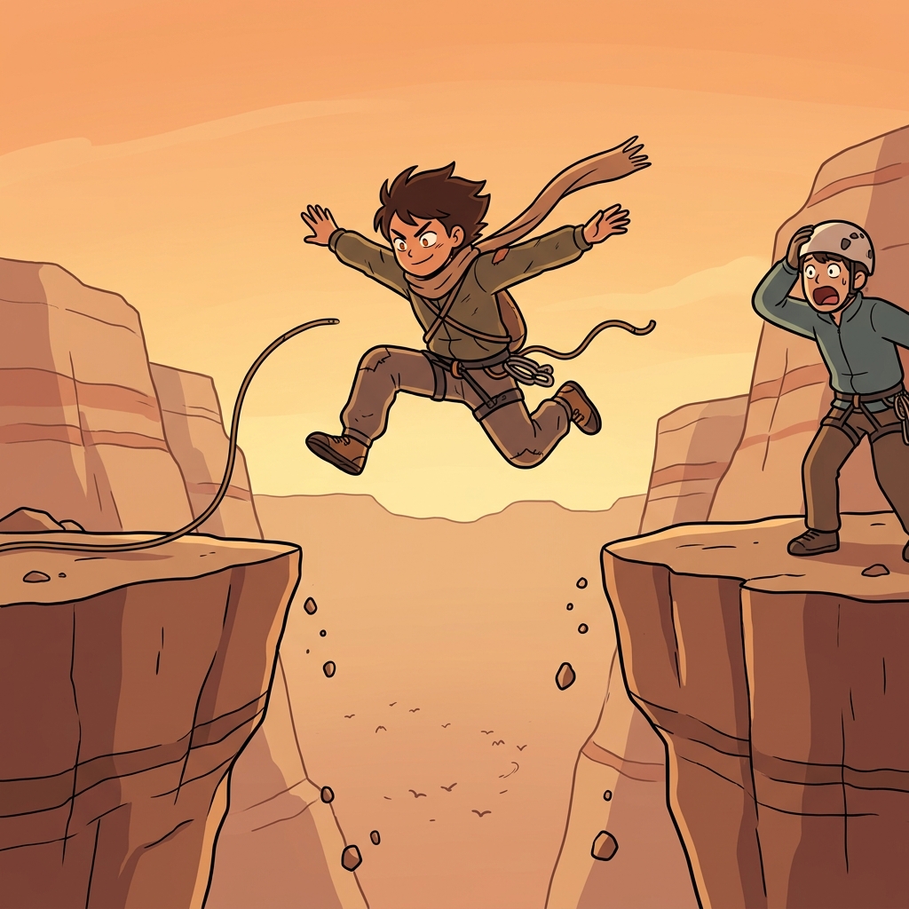 The audacious climber leapt across the canyon gap without hesitation.