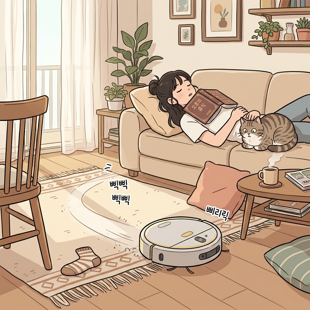 The robot vacuum moves autonomously around the living room while she naps on the couch.