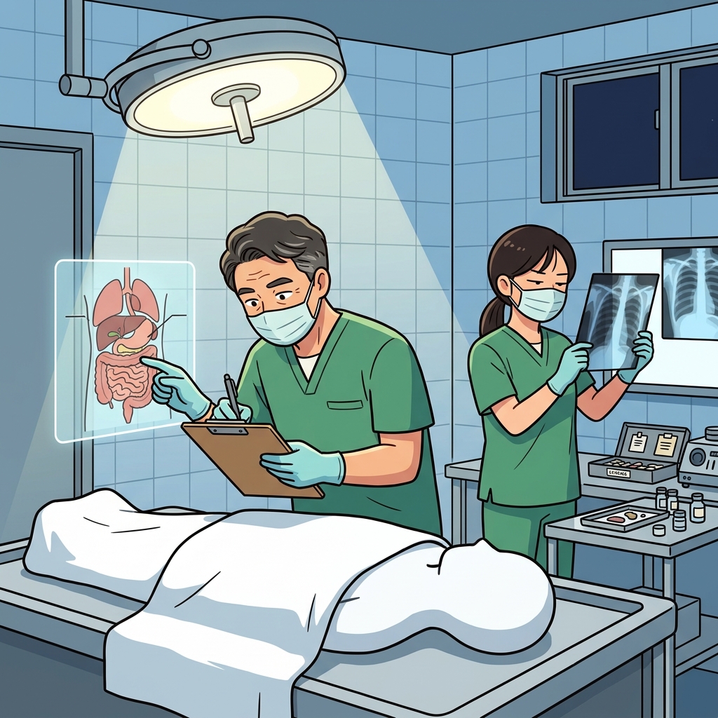 The forensic doctor performs an autopsy to find the cause of death.