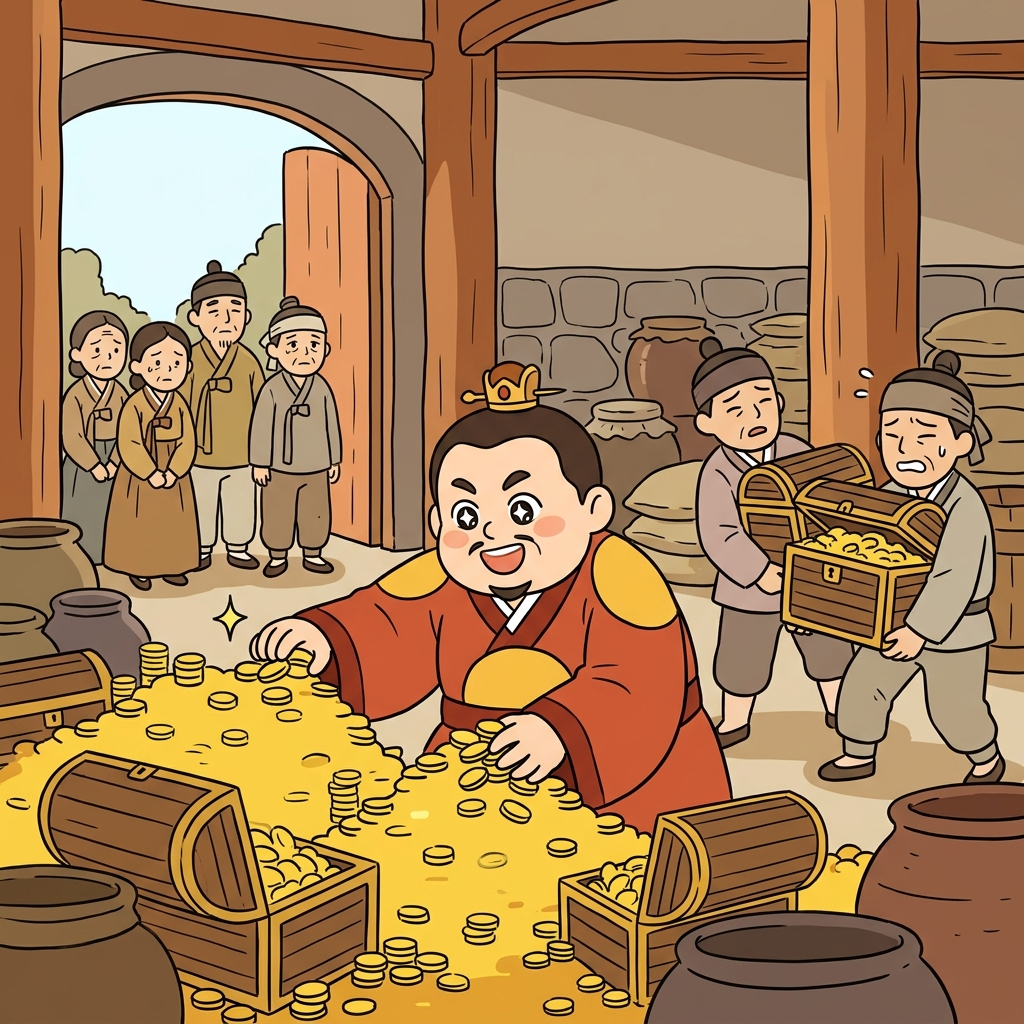 탐욕스러운 왕은 마을 사람들에게 계속 더 많은 세금을 요구했다. ("아, 봐라!" → 돈만 보면 끝없이 더 가지려는 사람)