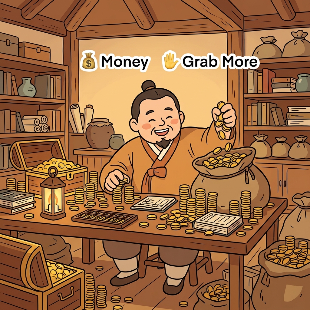 탐욕스러운 상인은 보이는 모든 금화를 움켜쥐었다.
