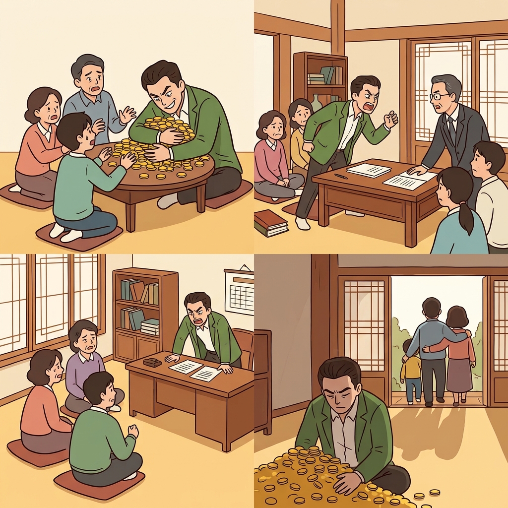 탐욕스러운 상속인은 이기적으로 행동한 끝에 보물만 남긴 채 홀로 남았다.