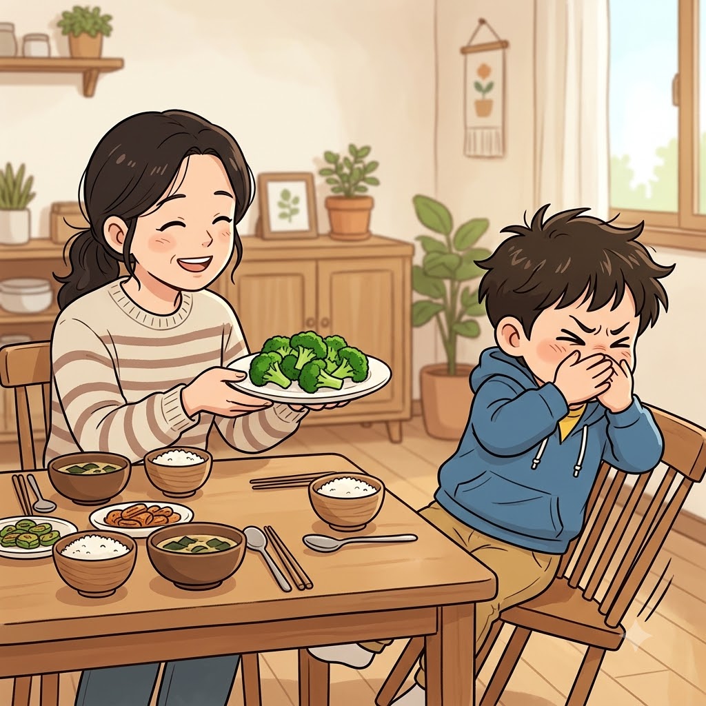 어린 소년은 접시를 밀어내며, 초록색 브로콜리에 대한 명백한 강한 반감(aversion)을 보였다.