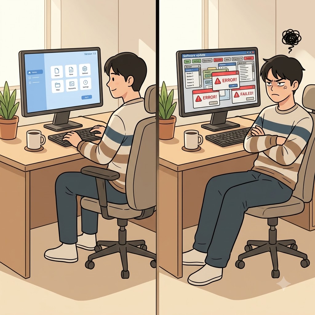 사용자들은 엉망으로 복잡해진 새로운 소프트웨어 버전(version)에 깊고 분노 섞인 반감(aversion)을 느꼈다.