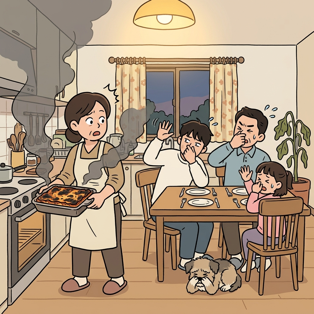 탄 라자냐 냄새가 너무 끔찍해서 다들 코를 막았다.