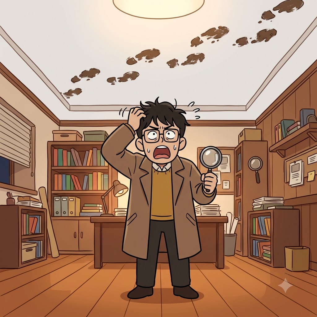 The smart detective was completely baffled to find the muddy footprints walking across the ceiling.