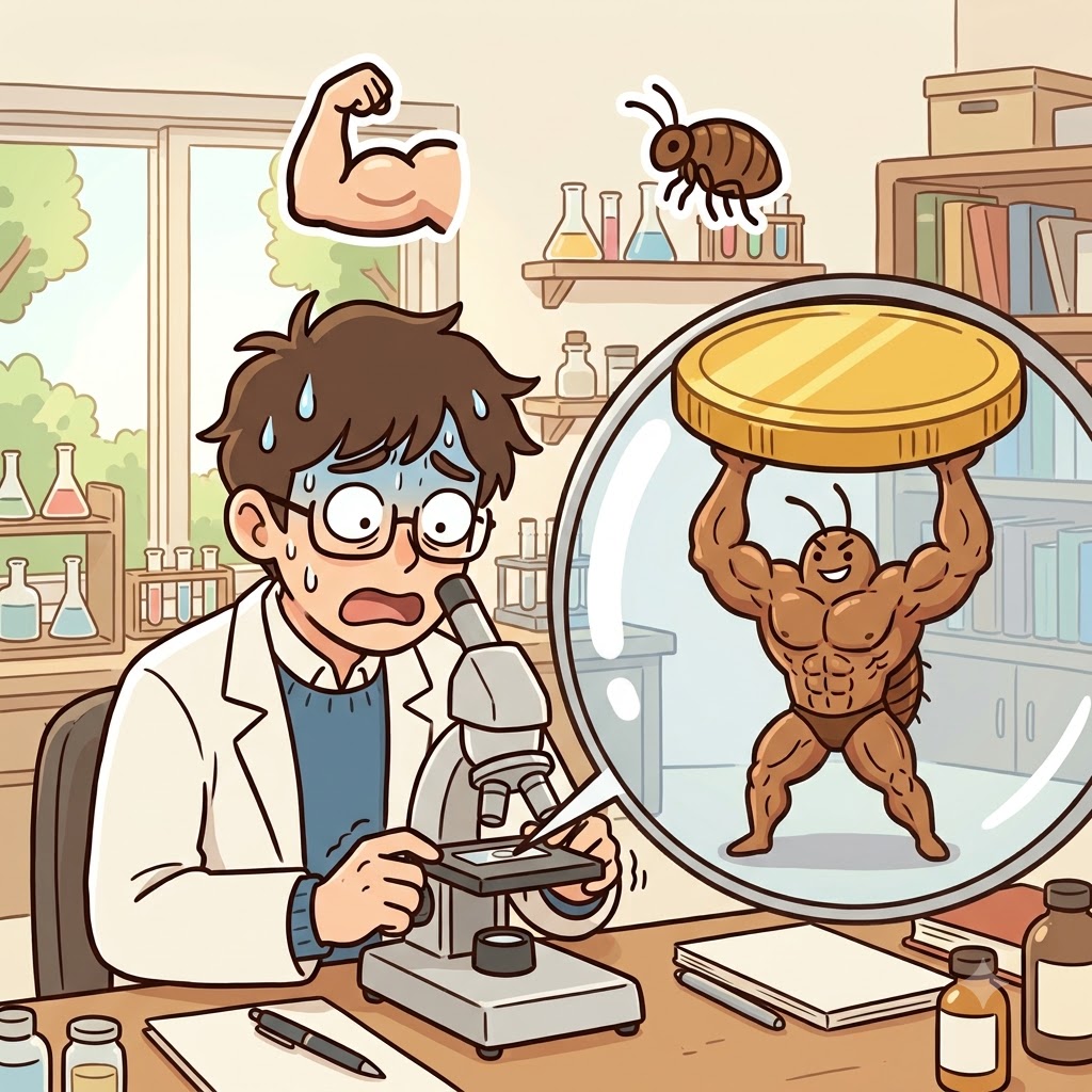 BUFF(muscular) + FLEA(bug) — watching a highly BUFF FLEA bench-press a gold coin completely baffled the scientist.