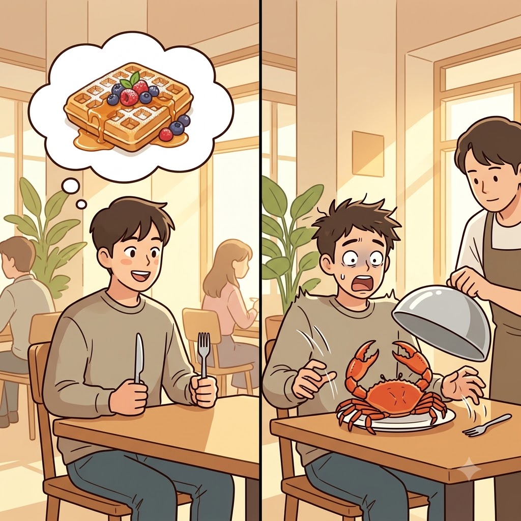 Expecting a sweet breakfast waffle, he received a live crab that began to completely baffle him.