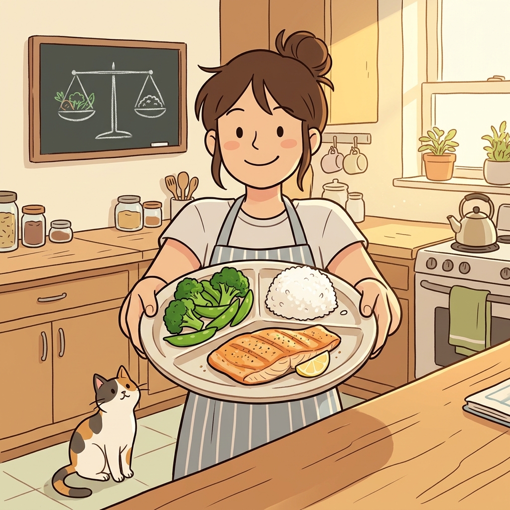 She kept her plate balanced with veggies, rice, and grilled fish.