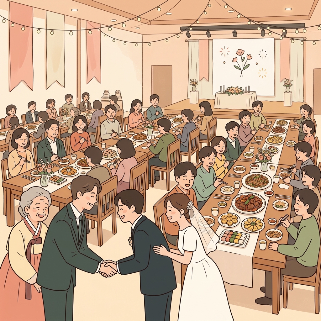 모두는 결혼식이 끝난 뒤 연회장에 모여 축하 만찬을 즐겼다. (호텔의 Banquet Hall(연회장))