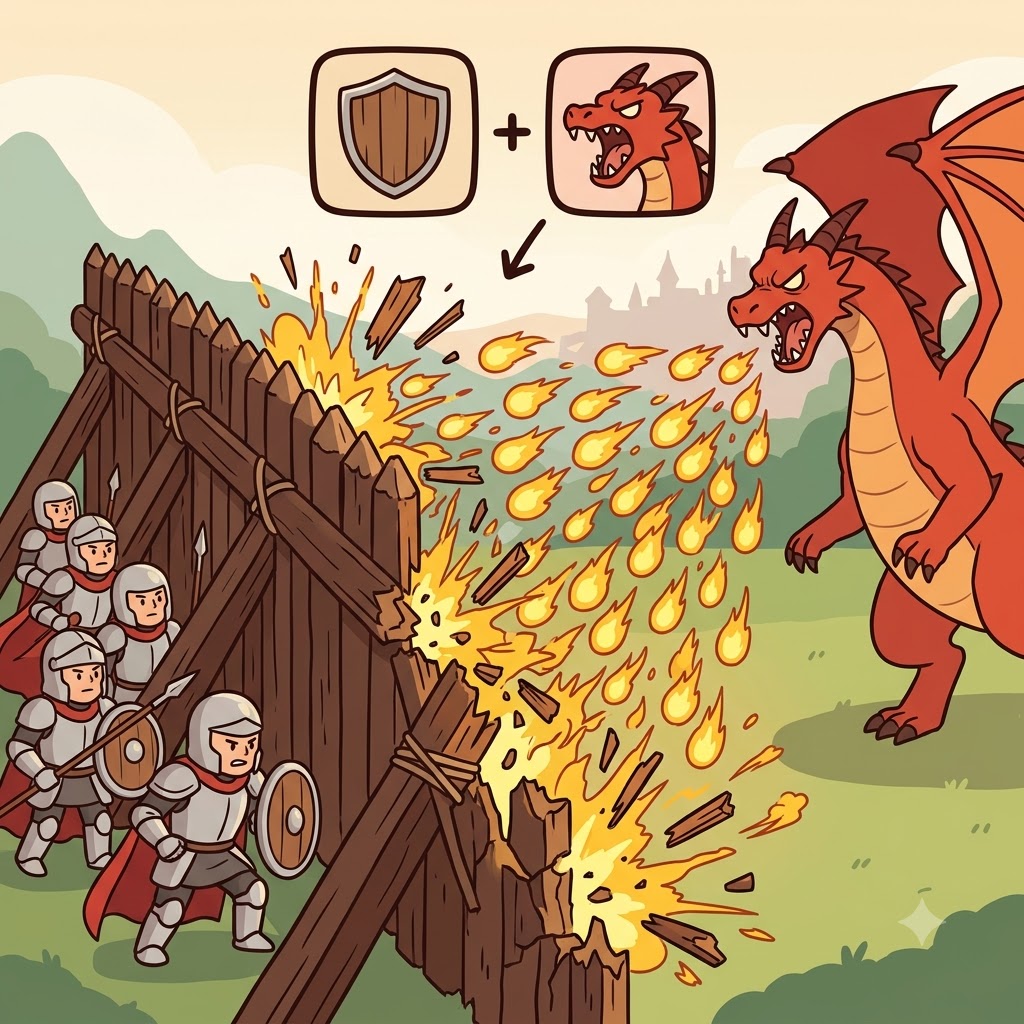 BAR(barrier) + RAGE(anger) — the wooden BAR(barrier) was completely destroyed by the dragon's RAGE(anger), which shot a fiery barrage.