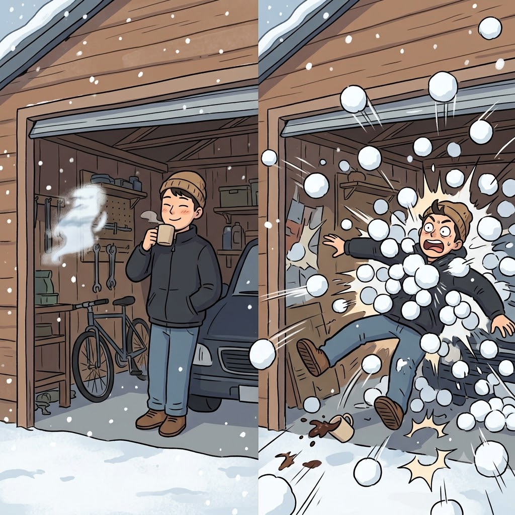Standing safely in his garage, he thought the blurry shape was just a mirage, until he was hit by a massive snowball barrage.
