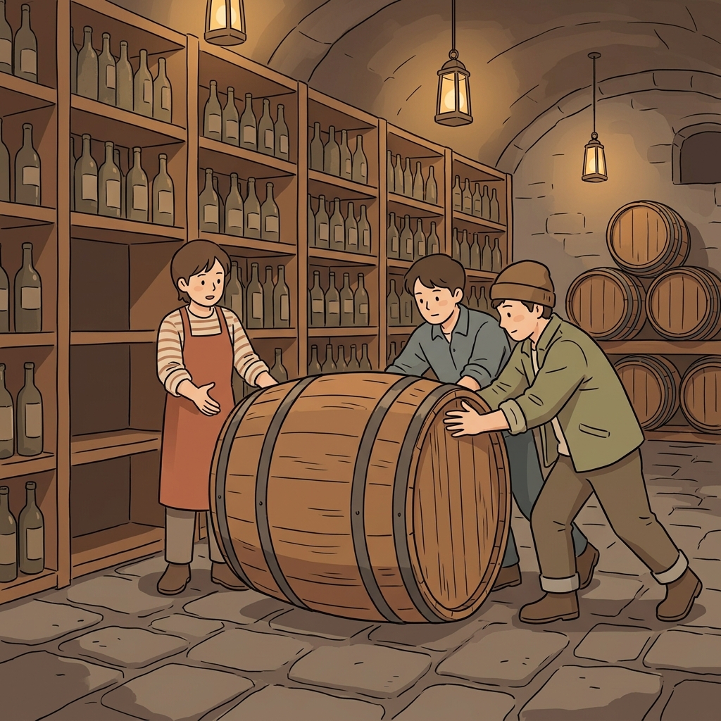 Workers rolled a heavy barrel into the wine cellar.