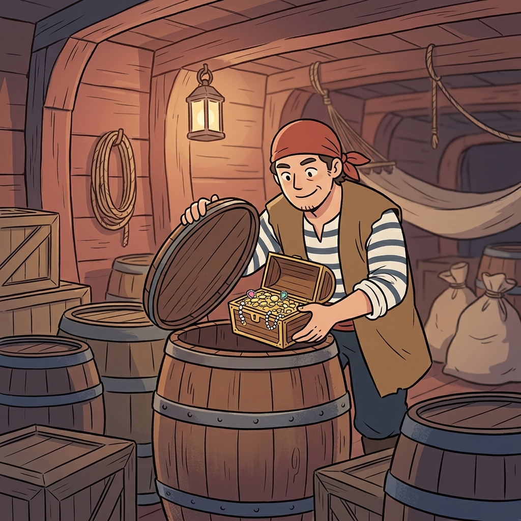 해적은 보물을 오래된 술통 안에 숨겼다. ("배럴!" → 배를 타는 해적이 술통(barrel)에 보물을 숨긴다)