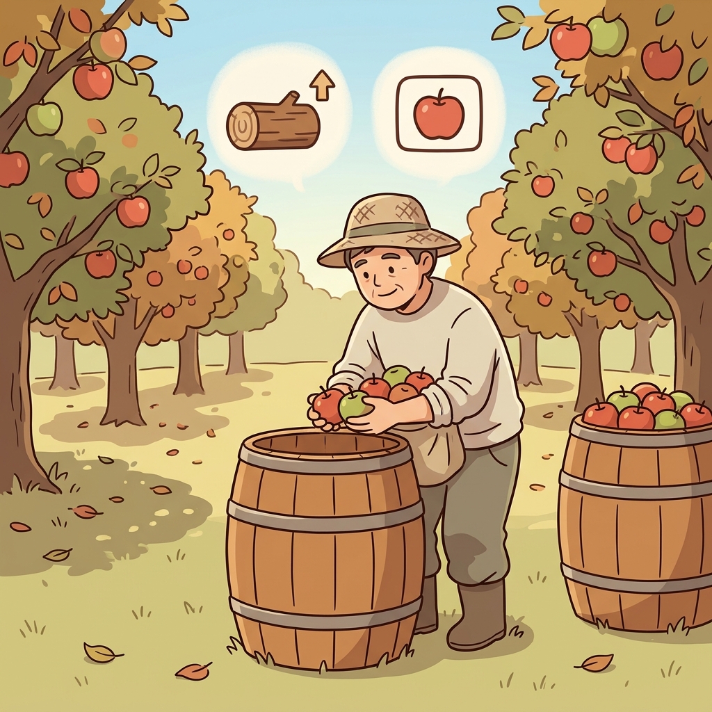 The farmer stored fresh apples in a wooden barrel. (🪵 Wooden Container + 🍎 Storage → Barrel)