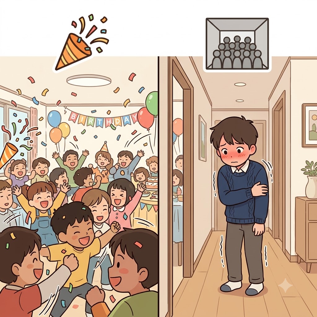 BASH(파티) + FUL(가득한) — 생일 파티(BASH)를 위해 사람으로 완전히 가득 찬(FUL) 방에 들어가자, 조용한 소년은 몹시 수줍어하게(bashful) 되었다.