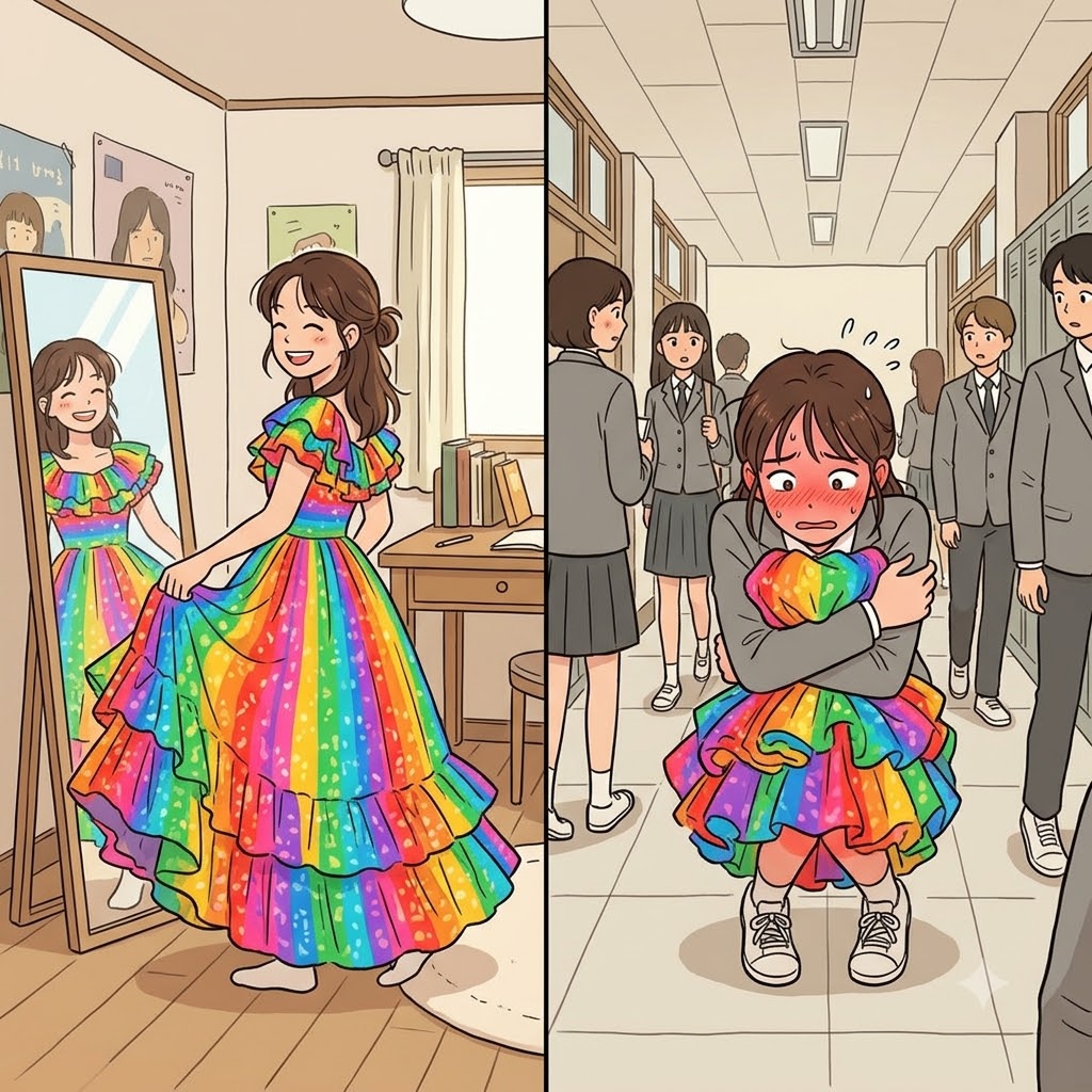 엄청나게 다채로운(colorful) 드레스를 밖에 입고 나오자, 모두가 자신을 쳐다볼 때 그녀는 갑자기 극도로 수줍어짐(bashful)을 느꼈다.