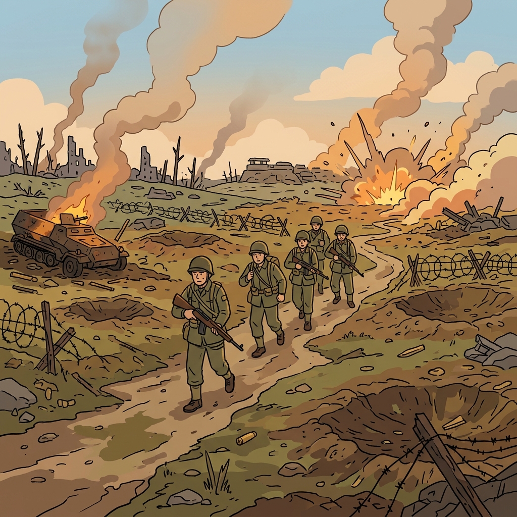 병사들은 계속되는 위험 속에서도 전장을 가로질렀다. ("배틀(Battle)하는 필드(Field)!")