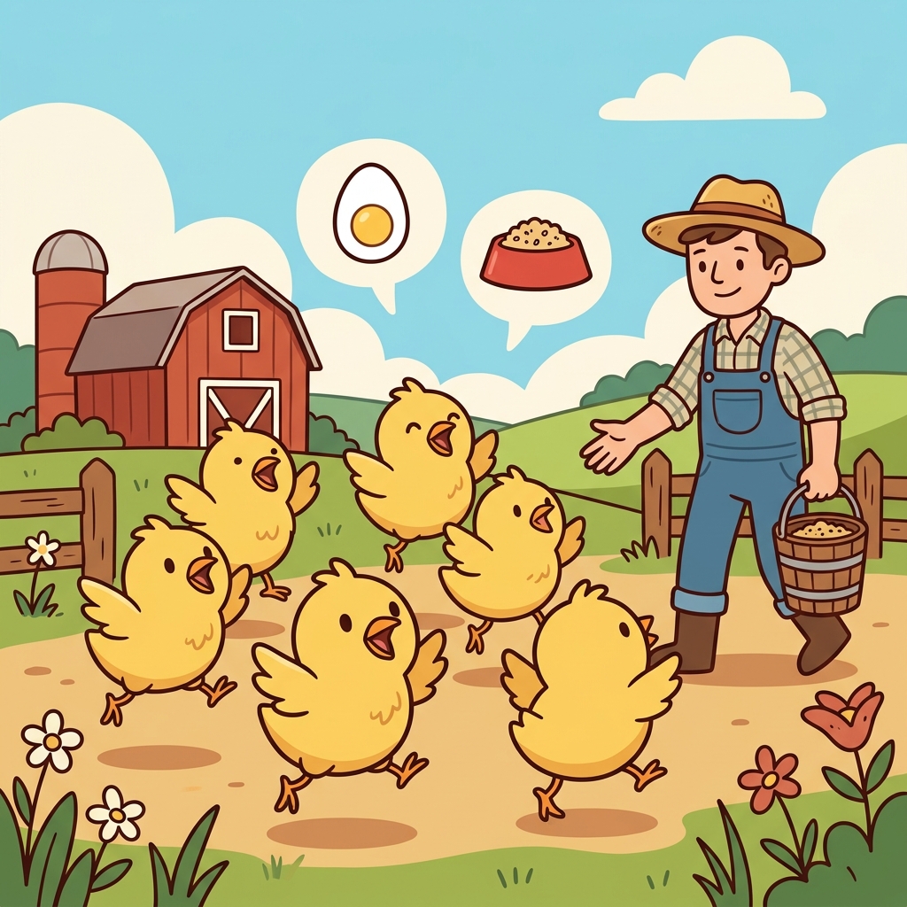 아기 병아리들은 농부가 가져온 먹이를 빨리 먹고 싶어 했다.