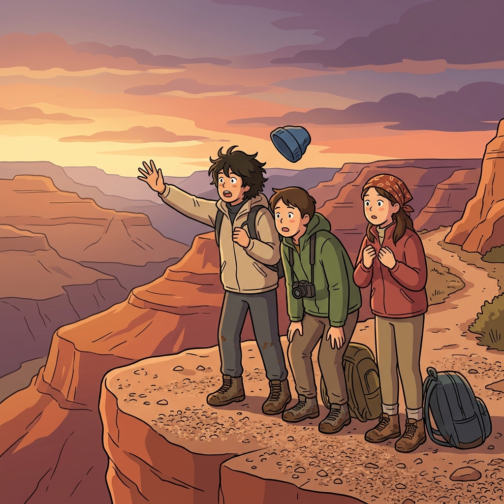 The travelers stopped to behold the vast canyon glowing at sunset.