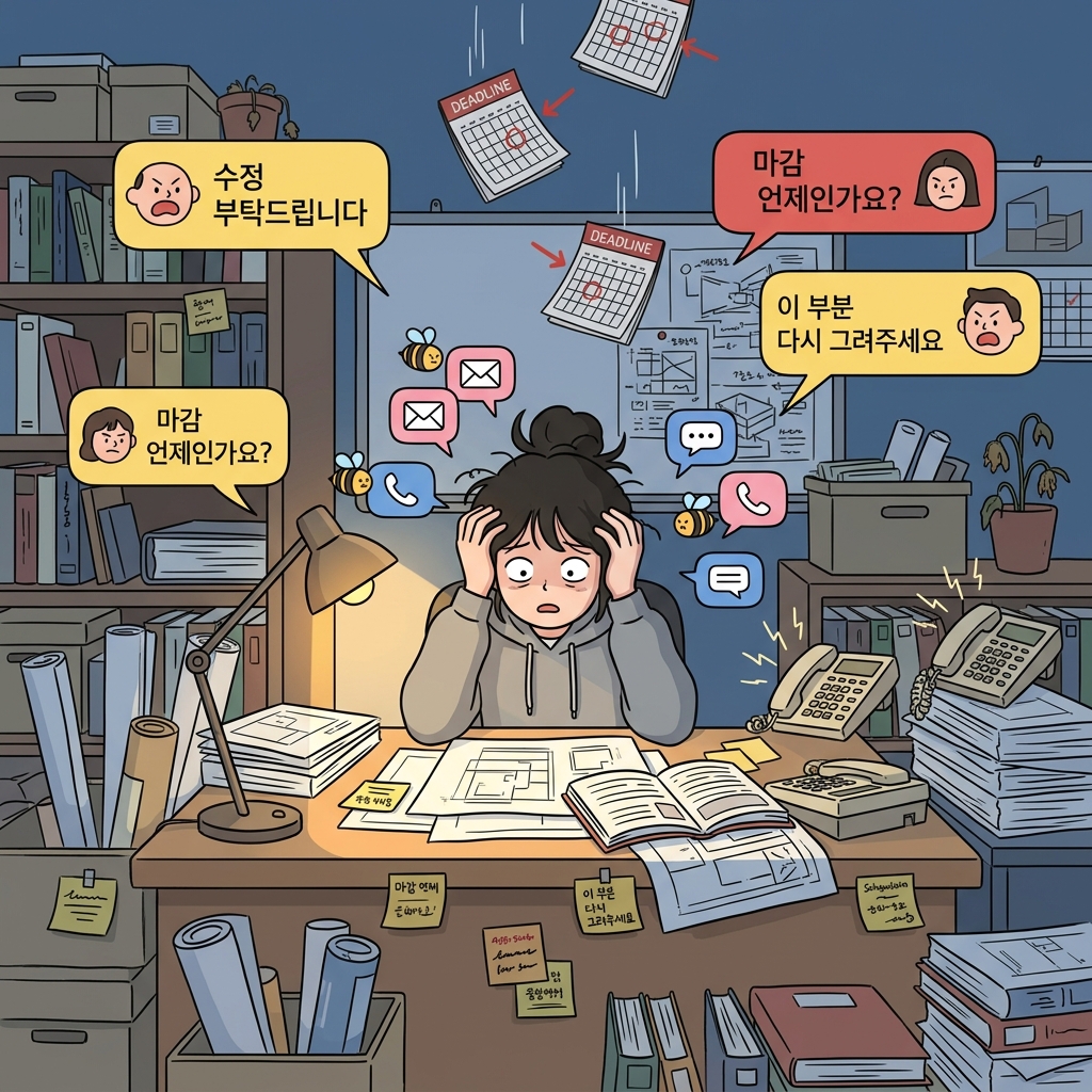 Deadlines and demands beleaguer the young architect at her cluttered desk.