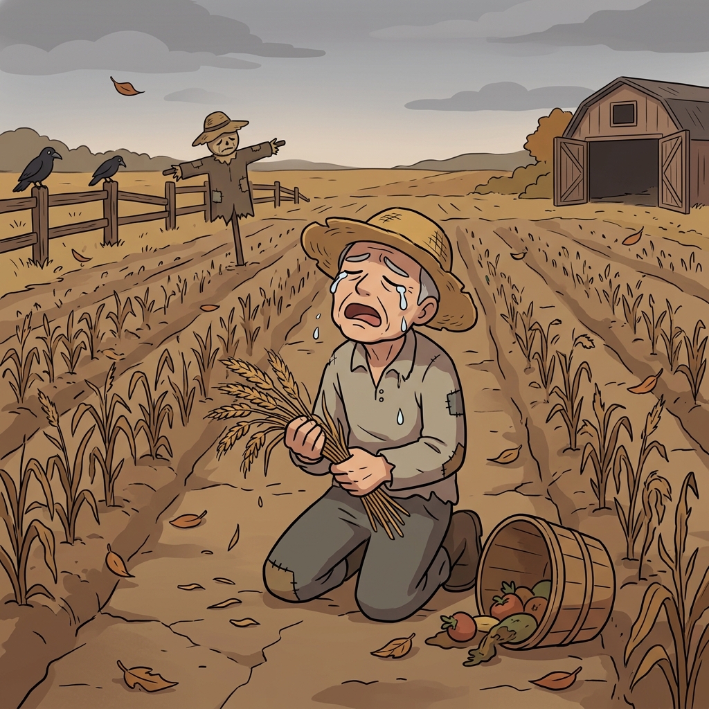 The farmer began to bemoan the failed harvest under the gray autumn sky.