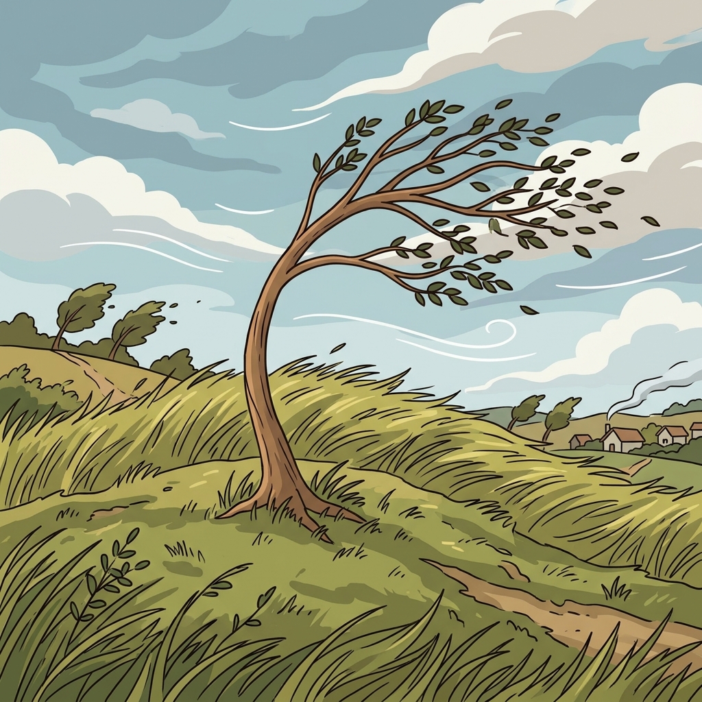 The strong wind left the young tree bent.