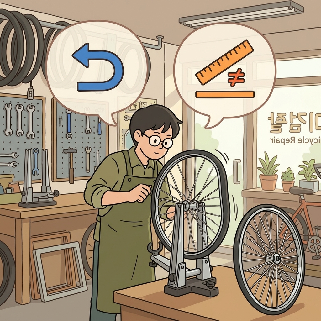 The bent bicycle wheel needed to be replaced. (β©οΈ Curved + π Not Straight β Bent)