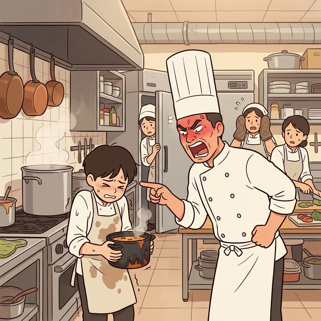 The chef loudly berates the new cook for burning the soup again.