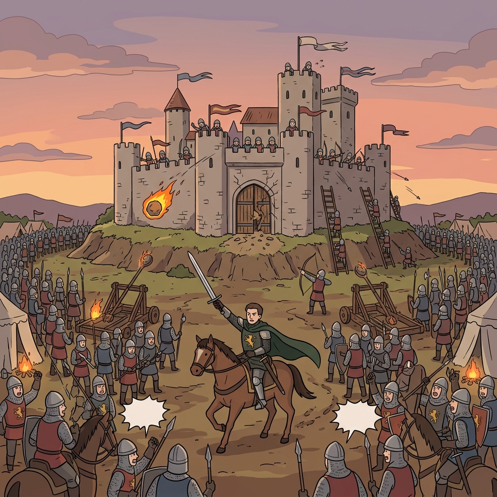 Knights besiege the castle walls for weeks until the gates finally crack open.