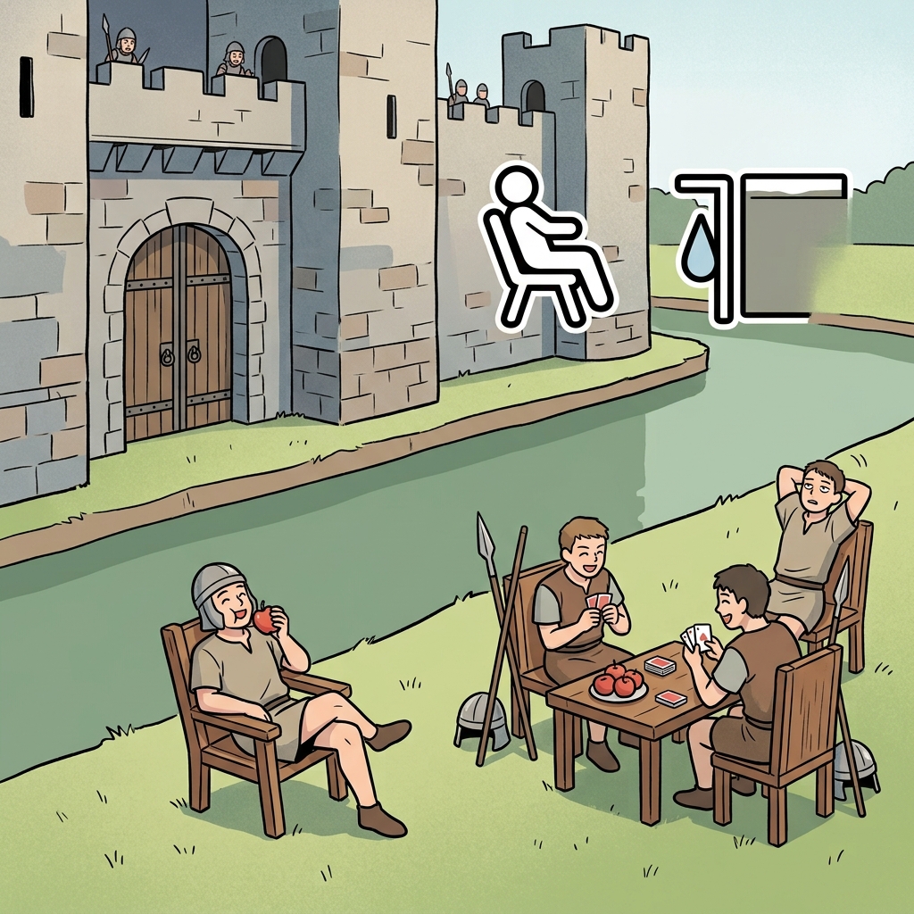 BE(around) + SIEGE — the soldiers besiege the fortress by surrounding every side.