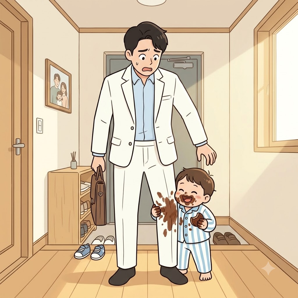 "내 정장에 비스킷(bes) 묻혀(mirch)!" 지저분한 아기는 초콜릿을 문질러 아빠의 하얀 바지를 완전히 더럽혔다(besmirch).