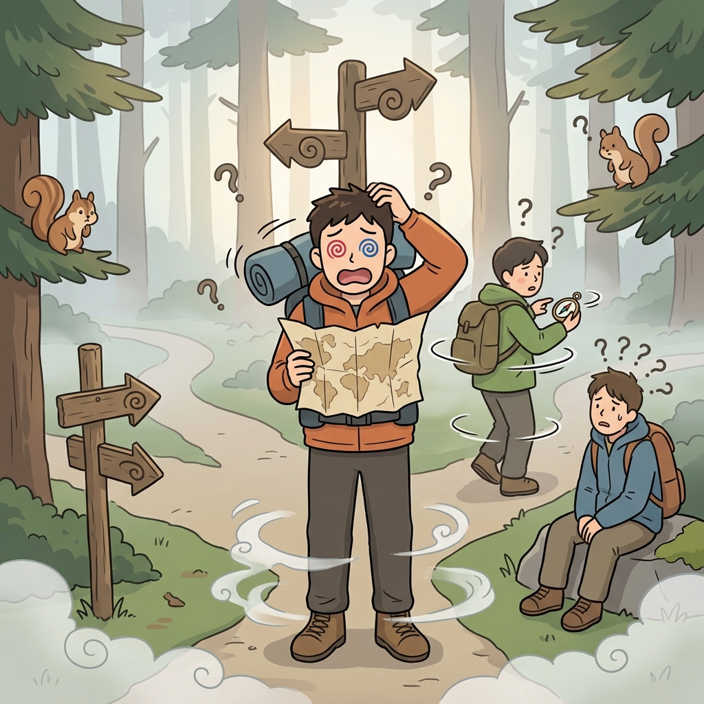 The strange map completely bewilders the lost hikers in the foggy forest.