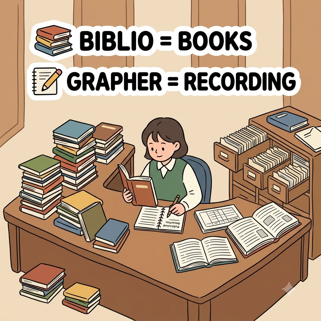 서지학자(bibliographer)는 책과 상세한 기록을 바탕으로 완전한 서지 목록을 만들었다.