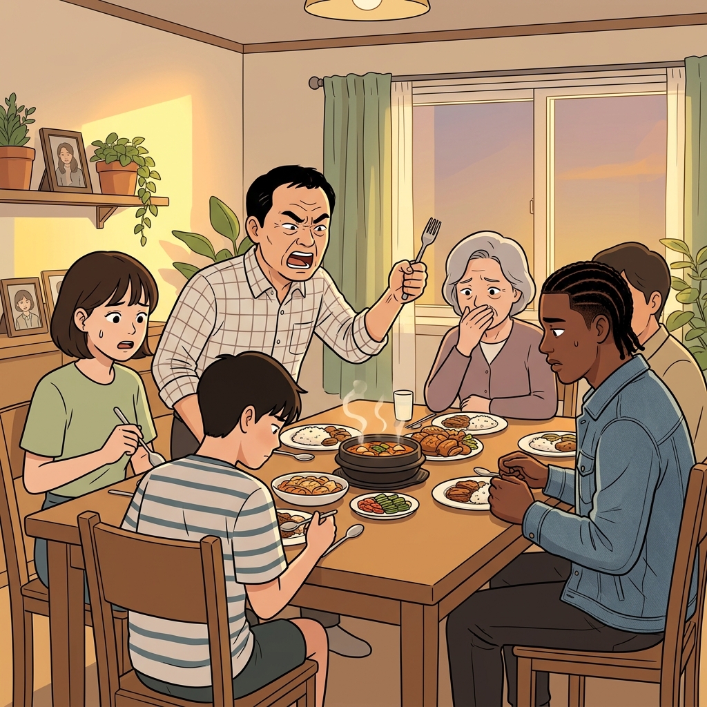 그의 편협한 말 한마디에 식탁 분위기가 싸늘해졌다.