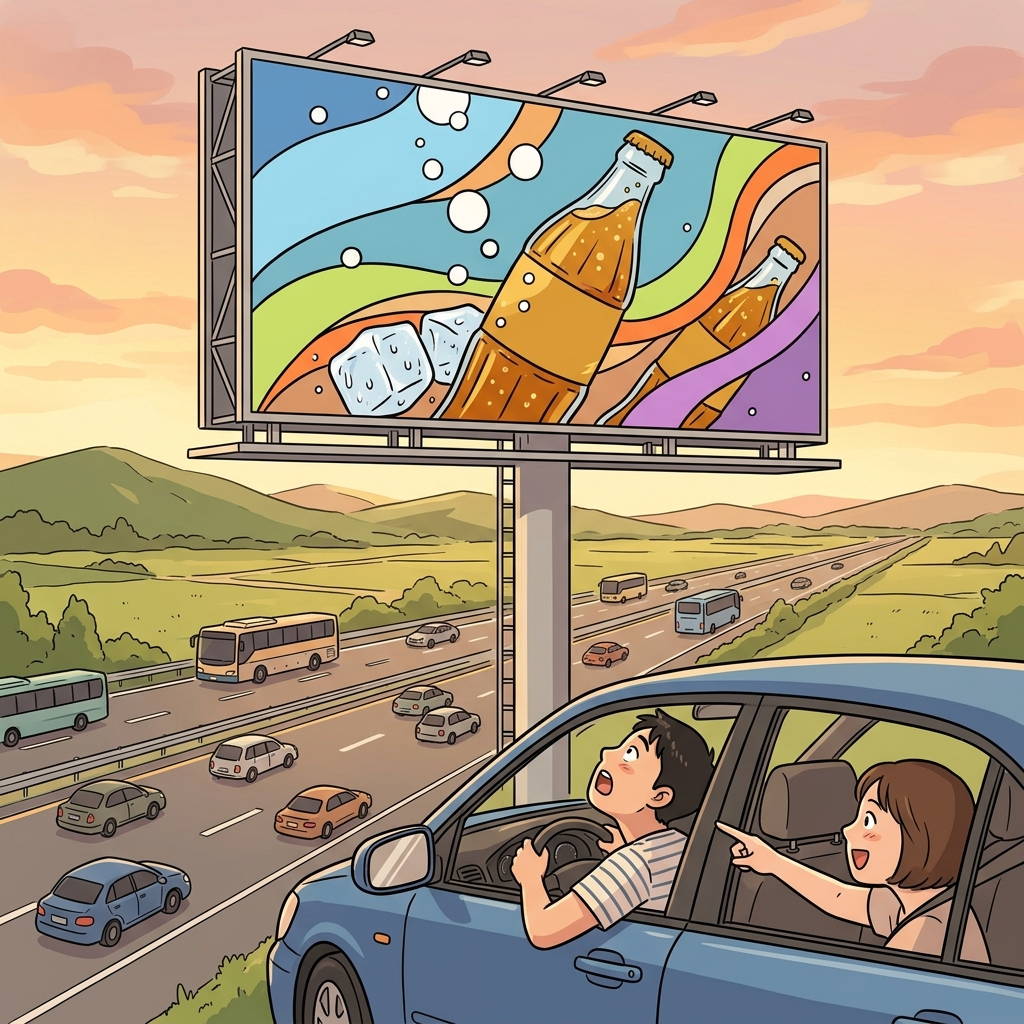 A giant billboard towers over the highway, advertising a new soda brand.