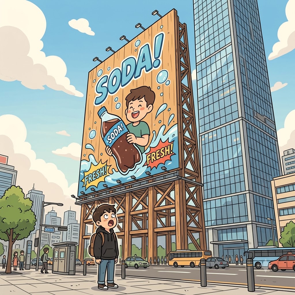 "빌(bill)딩 크기의 보드(board)판이잖아!" 그 거대한 표지판은 도시에서 가장 눈에 띄는 광고판(billboard)이었다.