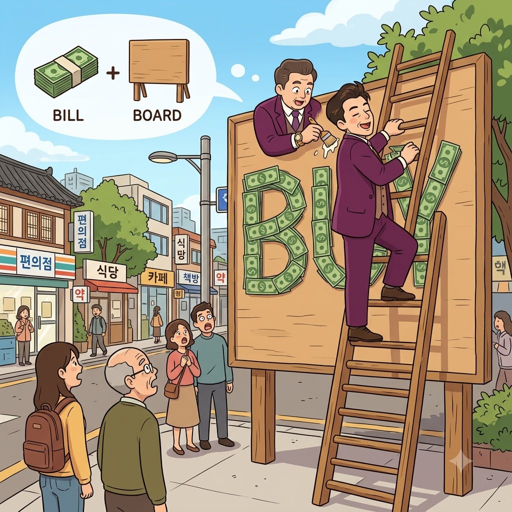 BILL(money) + BOARD(panel) — instead of paint, the rich man glued giant dollar BILLs to the wooden BOARD to create a highly expensive billboard.