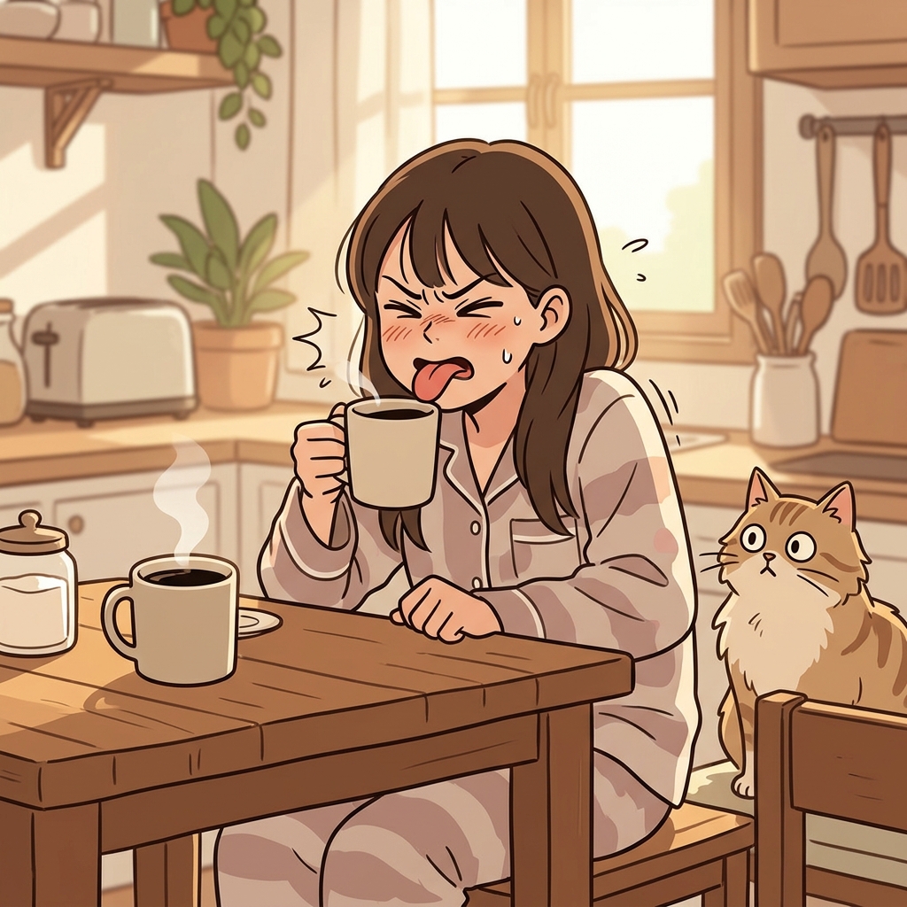 커피 한 모금에 얼굴이 확 일그러졌다. 너무 쓰다!