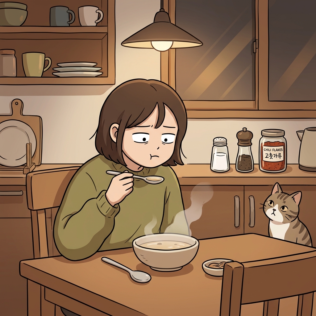 The soup tastes completely bland — no salt, no spice, nothing.