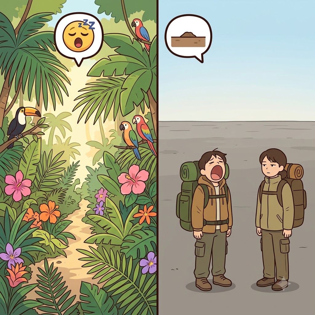 B(boring) + LAND(land) — discovering a completely empty, B(boring) LAND(land), the explorers faced a totally bland scenery.