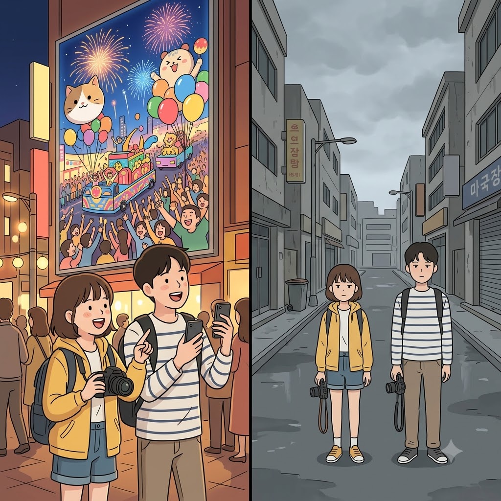 Expecting a grand festival, the tourists were deeply disappointed by the incredibly bland street.