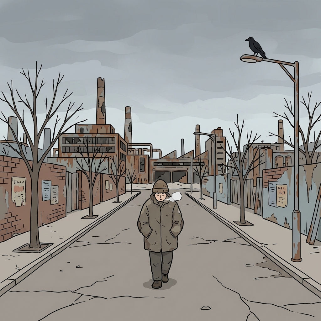 The abandoned factory town looked bleak under the gray winter sky.