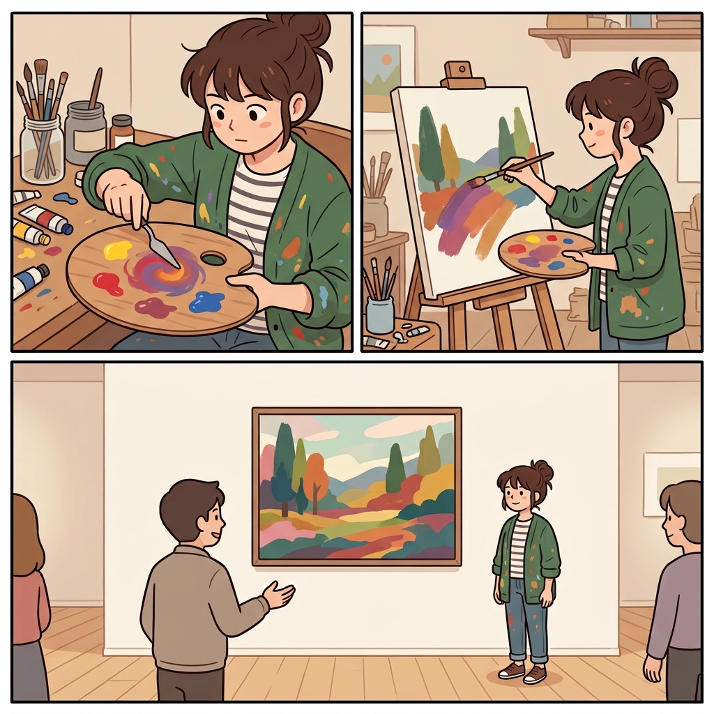 The artist blended the colors, combined different ideas, and harmonized the final painting.