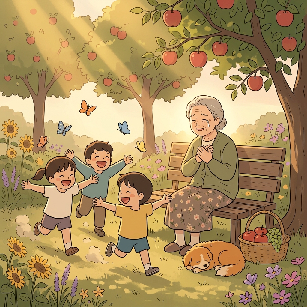 할머니는 손주들이 뛰노는 모습을 보며 정말 복받았다고 느꼈다.