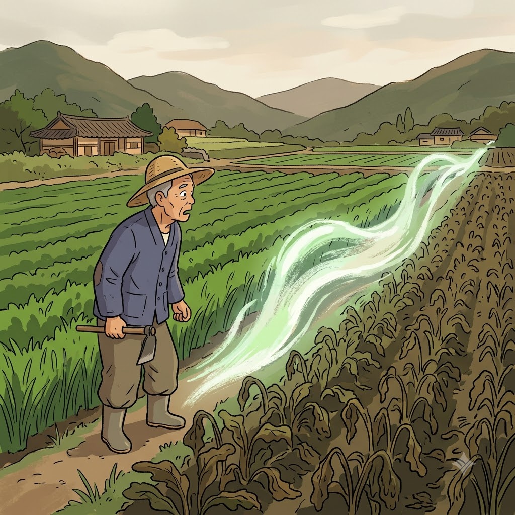 농부는 푸르던 밭을 식물 병해(blight)가 순식간에 휩쓸자 "불라이트!"라고 외쳤다. ("불라이트!" → 불처럼 번지는 라이트(light)가 밭을 훑고 지나간다. → 지나간 자리마다 초록 잎이 갈색으로 변하고 식물이 시든다.)