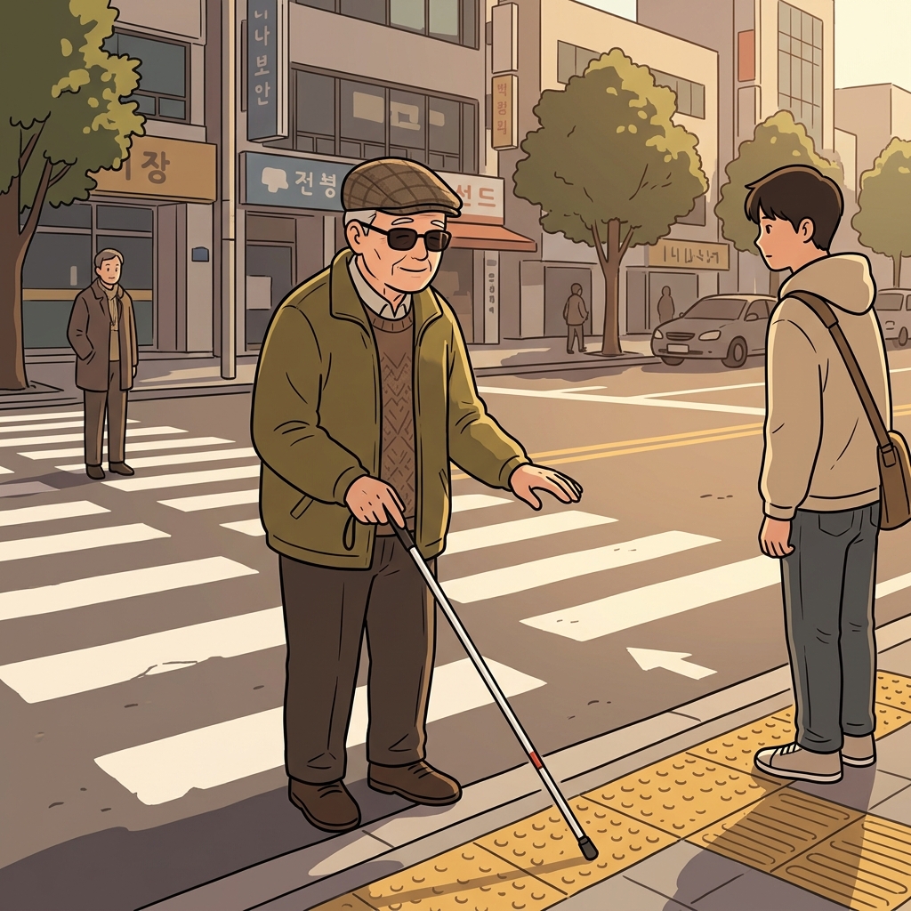 The blind old man crosses the street, tapping his white cane carefully.