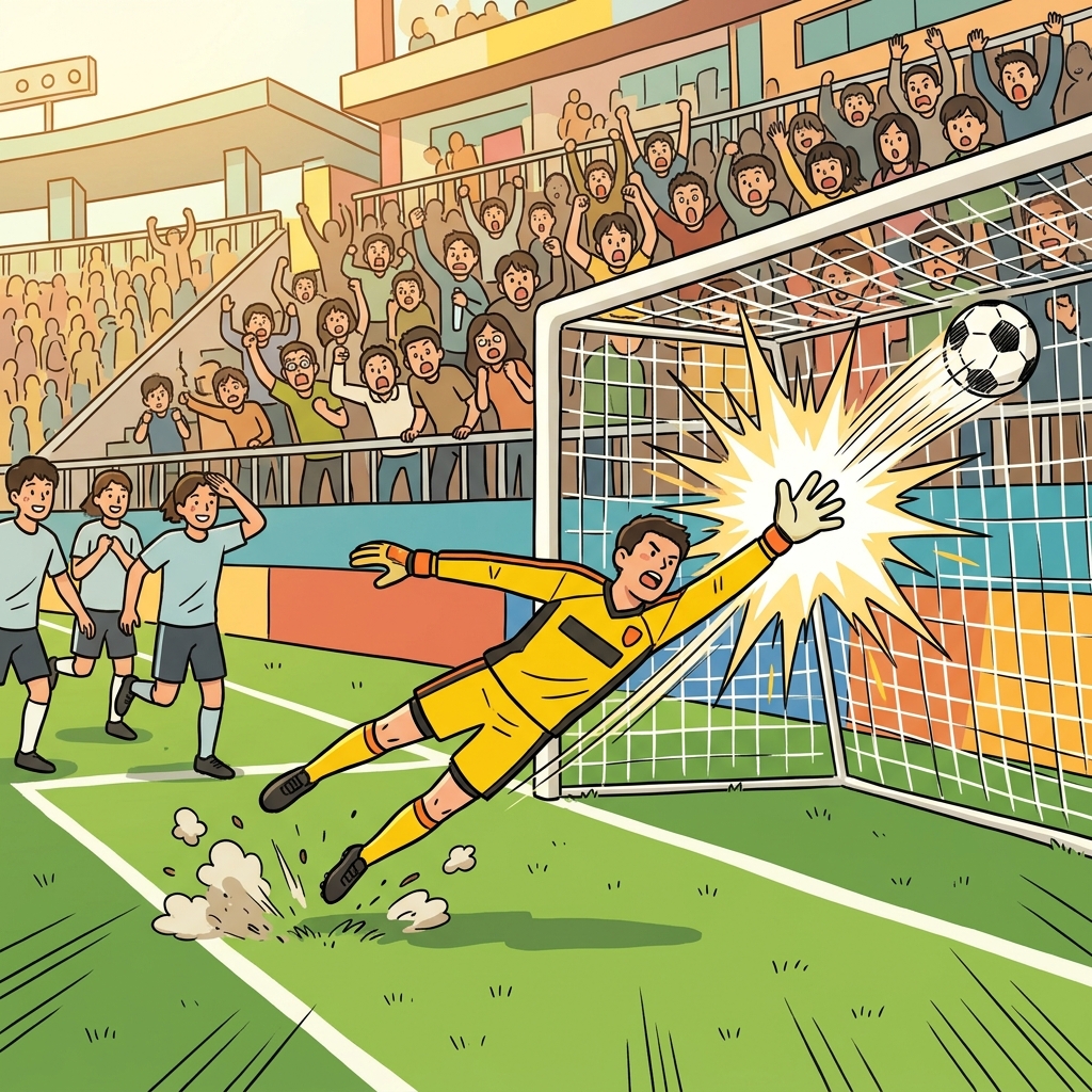 The goalkeeper dives to block the powerful shot at the last second.