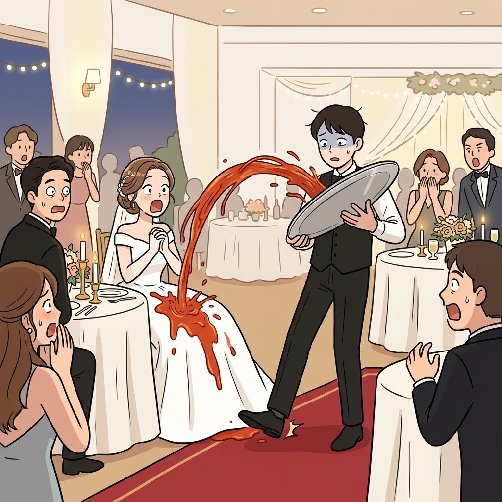 The waiter's blunder sent spaghetti flying onto the bride's white dress.